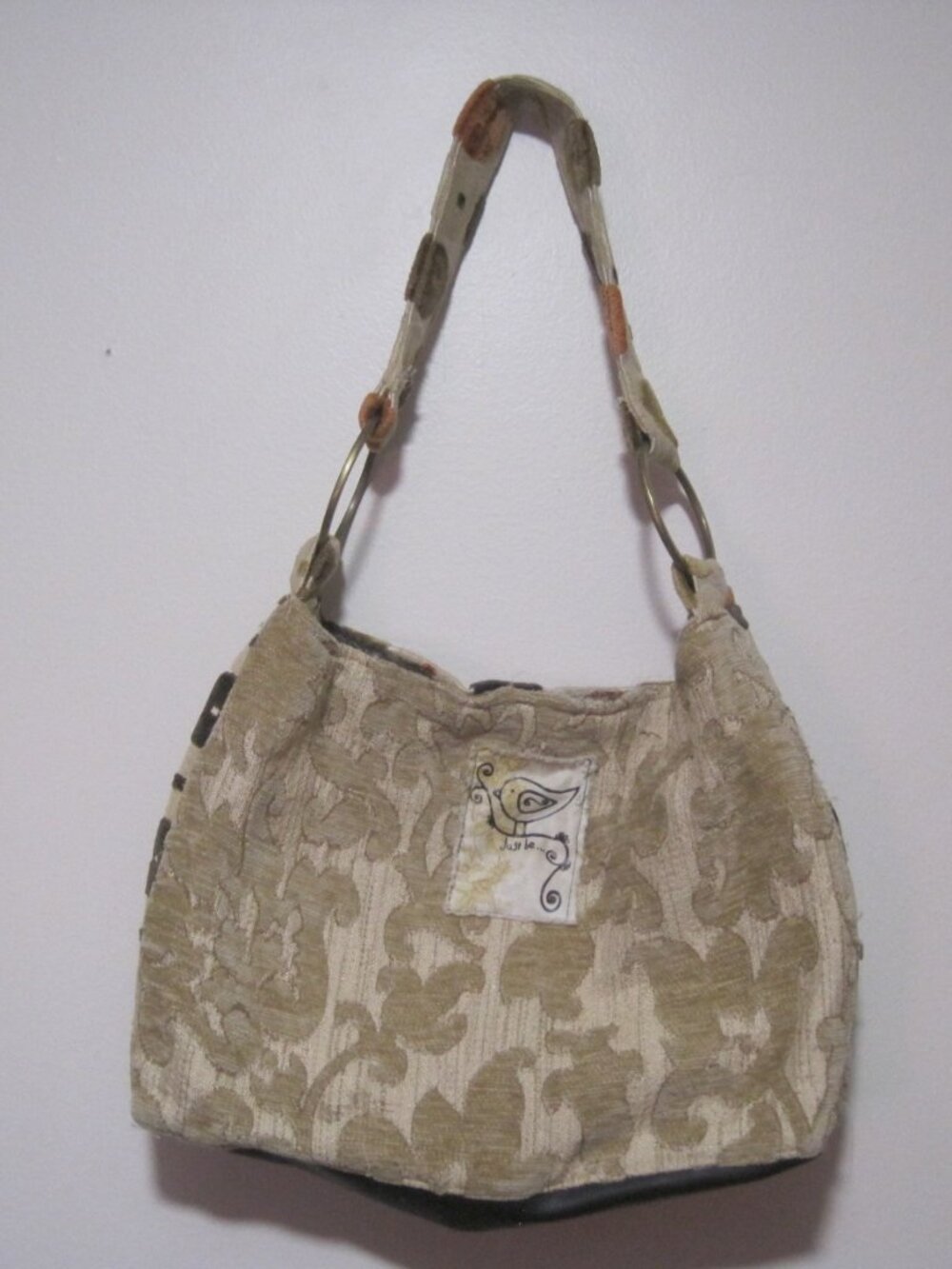 Just be Women Beige Fabric Over Shoulder Bag Floral Lace Inner Pocket Large Boho